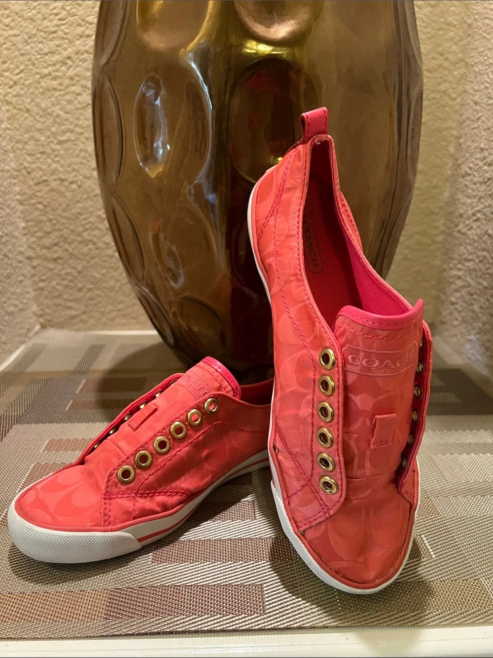 Coach Coral Pink Signature Canvas Slip-On Sneakers